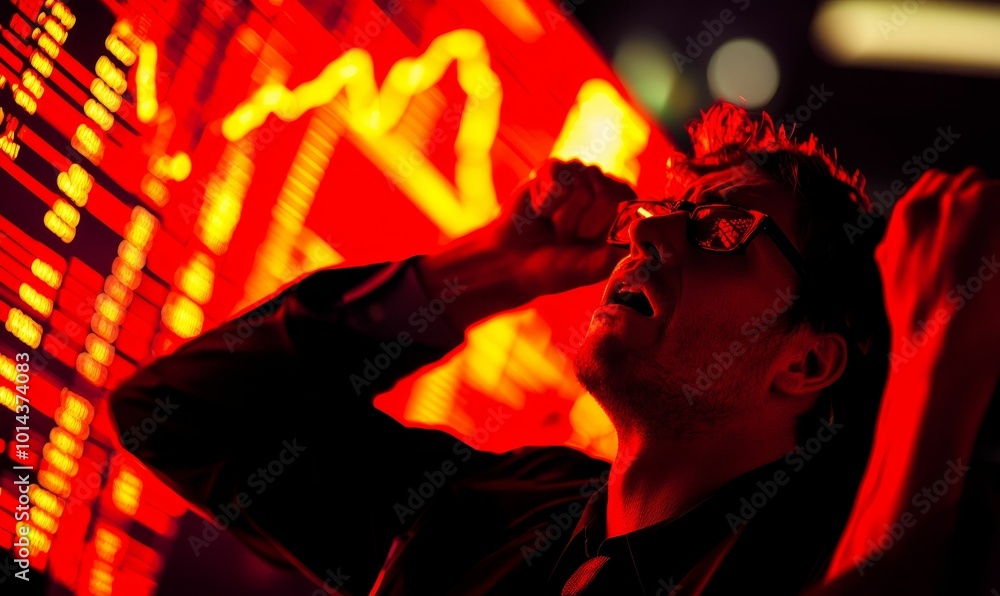 Fototapeta premium Man in shock, red stock market ticker.