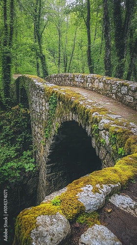 Stone arch bridge covered in moss in a green forest.