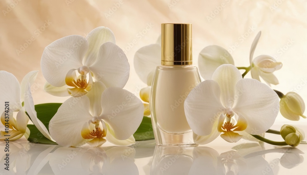 A beauty product bottle, framed by delicate white orchids, representing fresh, organic, and nature-inspired cosmetics in a serene setting A beauty product bottle, framed by delicate white orchids, representing fresh, organic, and nature-inspired cosmetics in a serene setting