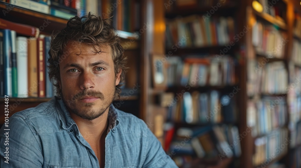 Thoughtful man in a cozy library surrounded by shelves filled with books during the late afternoon light. Generative AI Thoughtful man in a cozy library surrounded by shelves filled with books during the late afternoon light. Generative AI