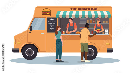 Illustration of a burger food truck with vendors serving up burgers and fries to customers.