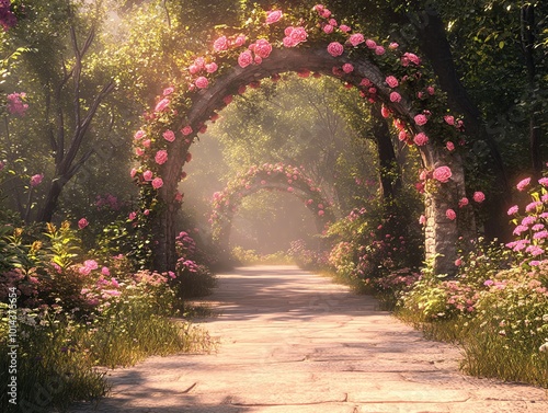 Stone pathway leading through a magical rose garden, with stone archways draped in pink flowers, the path disappears into the distance with mist and sunlight.