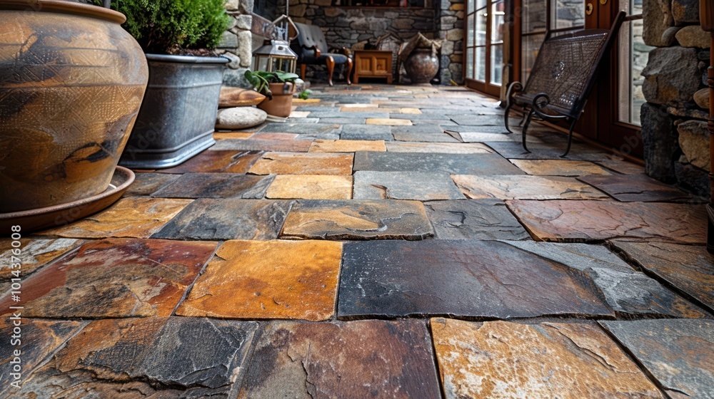 Naklejka premium A picturesque pathway designed with vibrant slate tiles, leading to a rustic stone home filled with charm. Generative AI