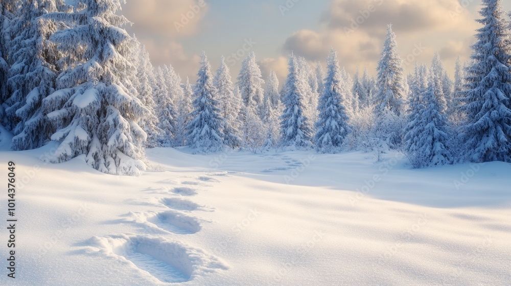 Snowy forest with footprints and winter sunlight, serene nature concept Snowy forest with footprints and winter sunlight, serene nature concept