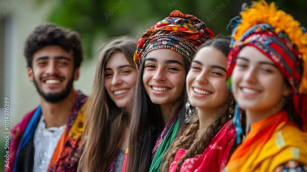 Four Young Adults Wearing Colorful Traditional Headwear and Scarves Four Young Adults Wearing Colorful Traditional Headwear and Scarves