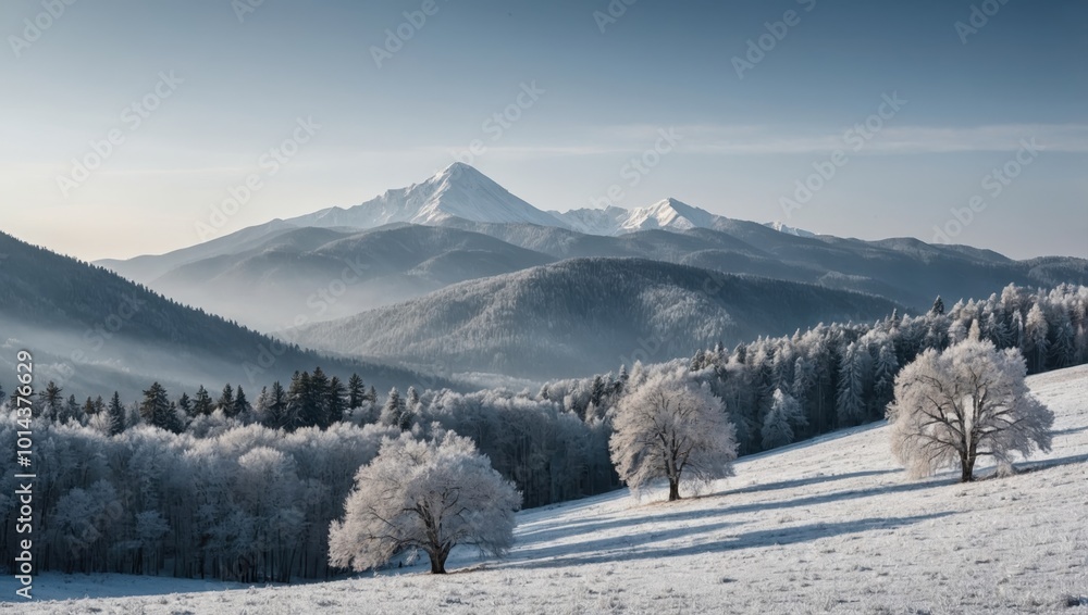 Obraz premium Snow-dusted field with frosted trees and distant snow-covered mountains under clear sky.
