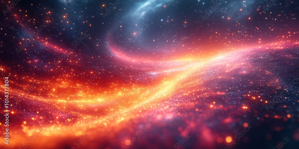 Obraz premium Abstract Cosmic Landscape with Glowing Particles and Wavy Lines of Light