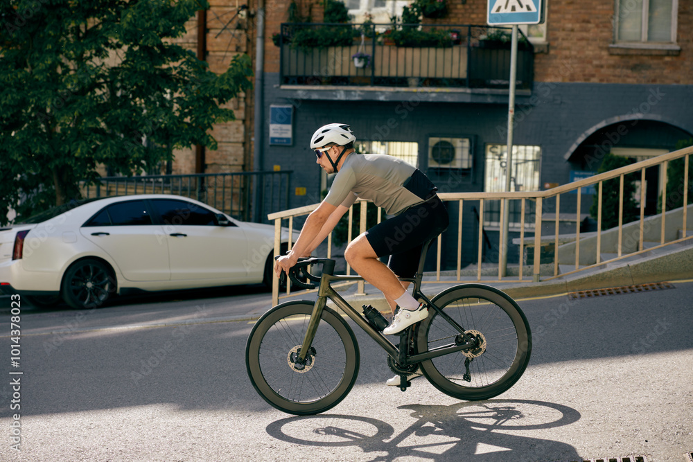 Obraz premium Man bicyclist wearing sportswear riding bike crossing road of urban street