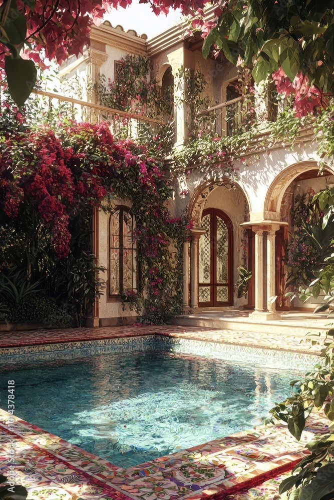 Villa poolside area featuring a pergola over a mosaic pool surrounded by flowers.