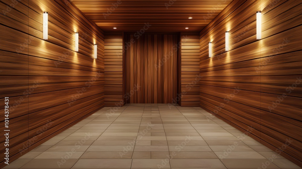 A modern, wooden hallway with ambient lighting and simple tile flooring, creating a warm and inviting atmosphere. A modern, wooden hallway with ambient lighting and simple tile flooring, creating a warm and inviting atmosphere.