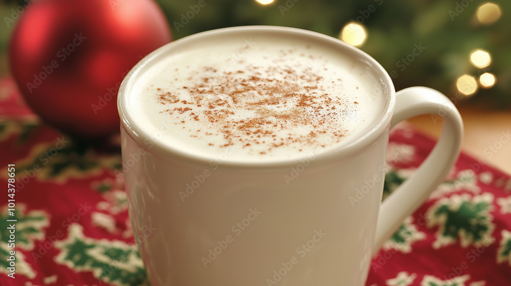 A cup of eggnog, garnished with a sprinkle of cinnamon, placed on a festive tablecloth A cup of eggnog, garnished with a sprinkle of cinnamon, placed on a festive tablecloth