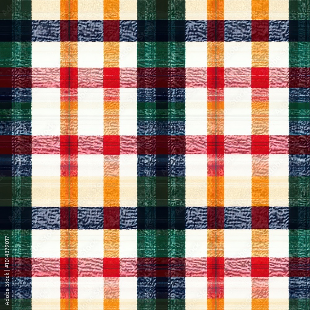 A vibrant plaid pattern featuring red, green, navy, and orange stripes on a creamy background, ideal for fabrics and home decor. A vibrant plaid pattern featuring red, green, navy, and orange stripes on a creamy background, ideal for fabrics and home decor.