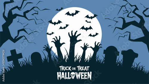 Graveyard scene with zombie hands rising and bats flying.