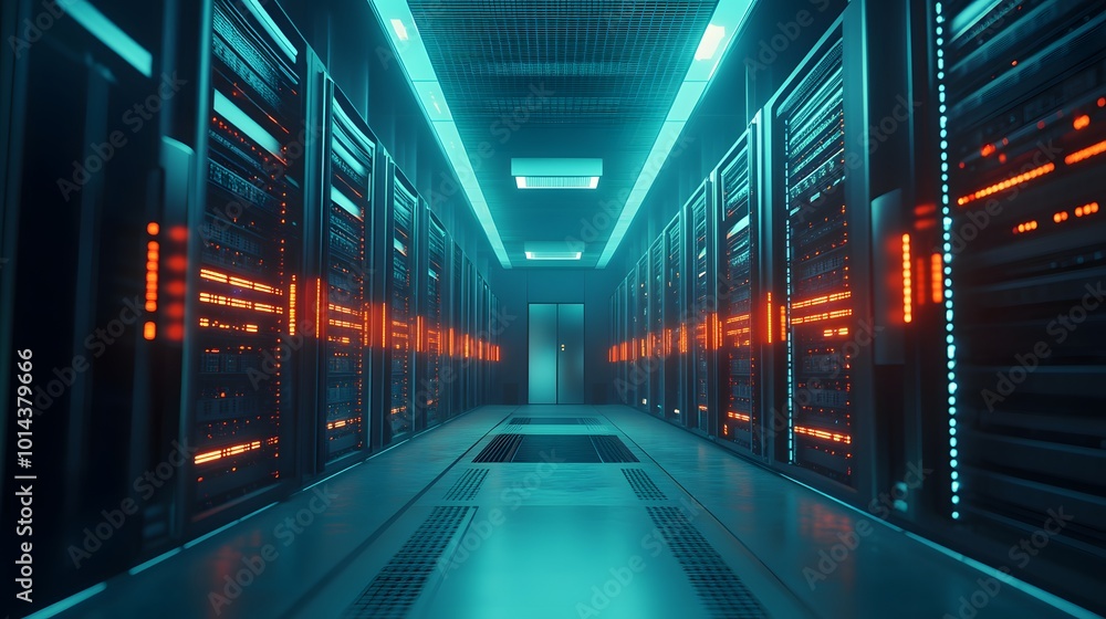 Fototapeta premium technological background on servers in data center, futuristic design. Server room represented by several server racks with strong dramatic light. 