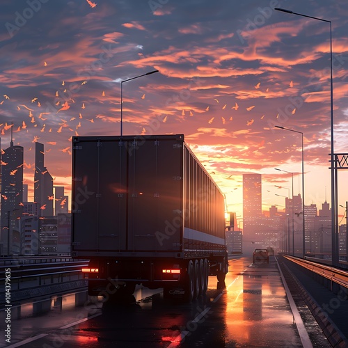 Truck on the road in the city at sunset.