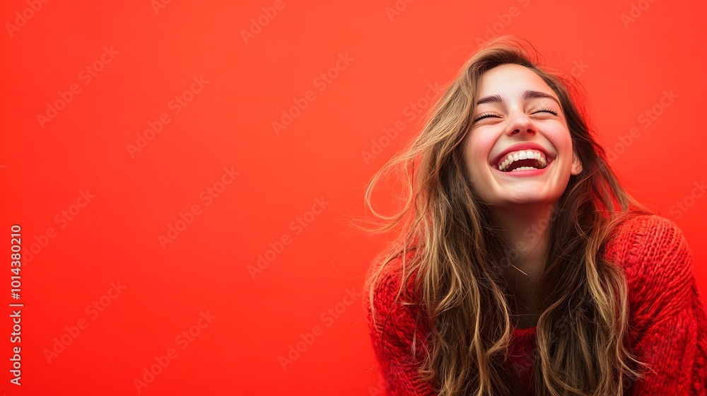 A Portrait of a Woman with Long Brown Hair Laughing Against a Vibrant Red Background A Portrait of a Woman with Long Brown Hair Laughing Against a Vibrant Red Background