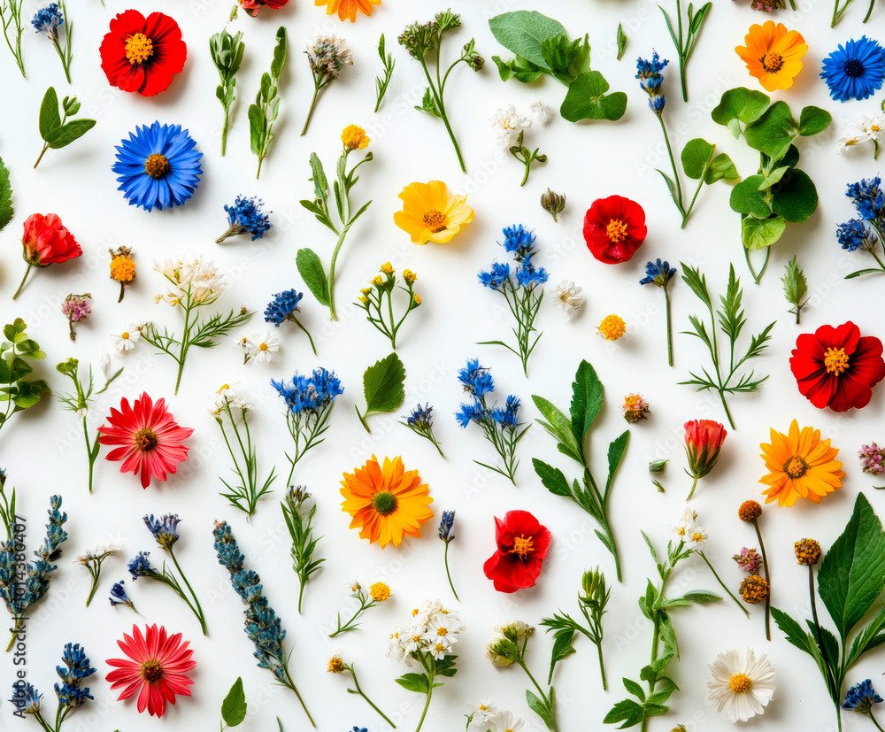 a pattern made of many very tiny wildflowers and leaves arranged at different angles. AI generative. a pattern made of many very tiny wildflowers and leaves arranged at different angles. AI generative.