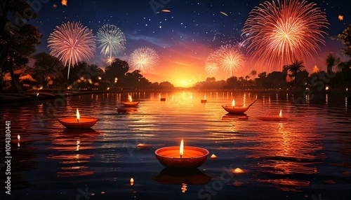 A serene illustration of floating diyas on the river with reflections of fireworks illuminating the water during Diwali night. photo