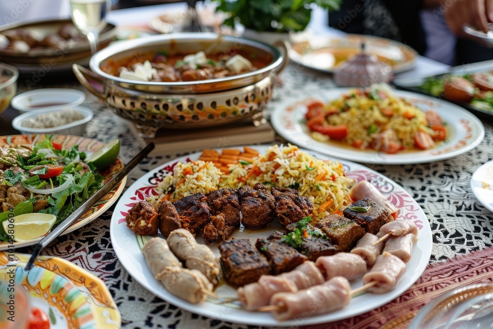 A table full of food with a variety of dishes including meat, vegetables, generative ai image A table full of food with a variety of dishes including meat, vegetables, generative ai image