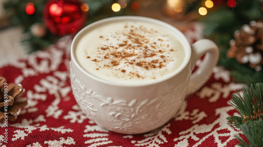 A cup of eggnog, garnished with a sprinkle of cinnamon, placed on a festive tablecloth A cup of eggnog, garnished with a sprinkle of cinnamon, placed on a festive tablecloth