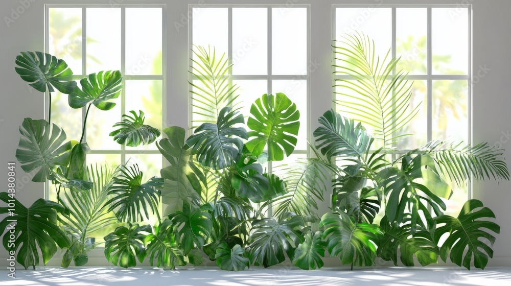 Bush of tropical plants featuring monstera, palm, fern, cut out, set against clear windows, bright green tones with natural lighting Bush of tropical plants featuring monstera, palm, fern, cut out, set against clear windows, bright green tones with natural lighting