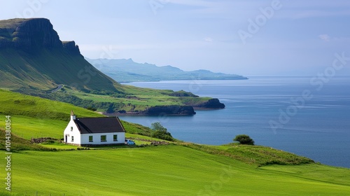 A serene coastal landscape with a quaint house beside lush green hills and tranquil waters. photo