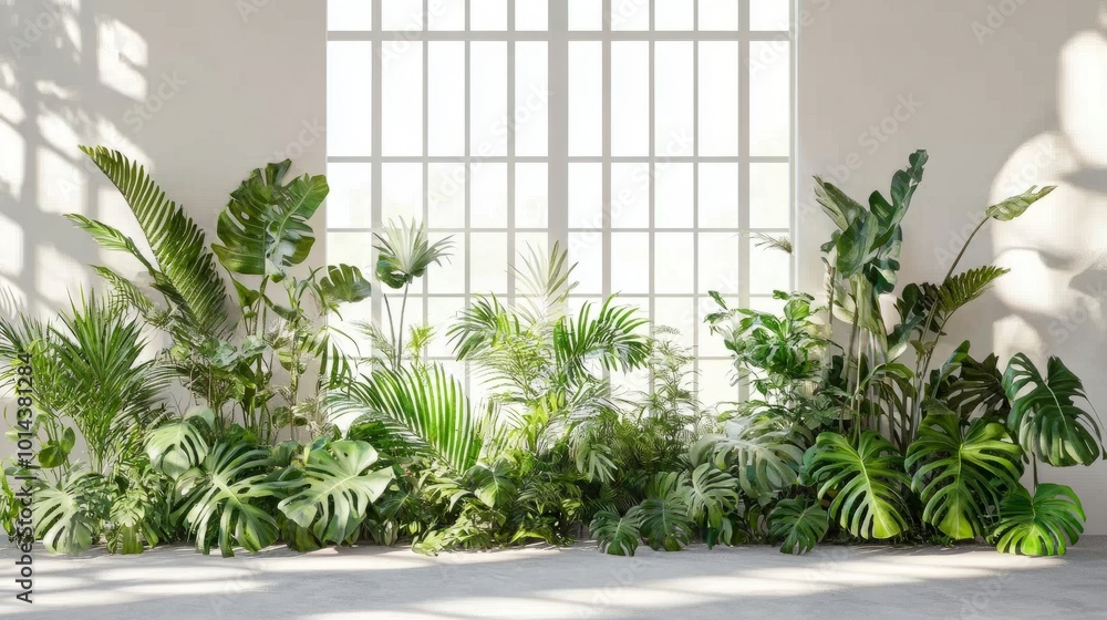 Lush green tropical plant bush, including fern, palm, and monstera, cut out, set against clear windows, sunlight creating natural highlights Lush green tropical plant bush, including fern, palm, and monstera, cut out, set against clear windows, sunlight creating natural highlights
