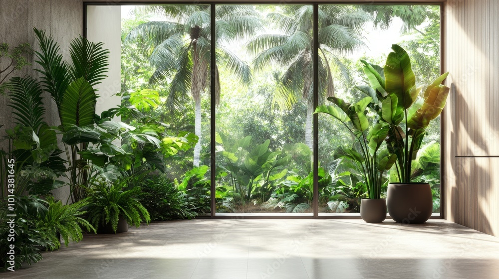 Lush tropical plants, cut-out of monstera, rubber plant, fern, with clear windows and natural lighting in the background Lush tropical plants, cut-out of monstera, rubber plant, fern, with clear windows and natural lighting in the background