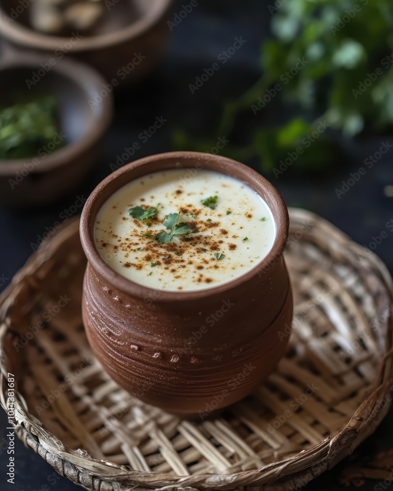 A clay pot filled with creamy yogurt garnished with spices and herbs, served on a woven tray. A clay pot filled with creamy yogurt garnished with spices and herbs, served on a woven tray.