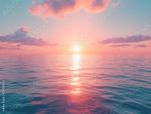 Sunset over a calm ocean with pink and orange clouds reflecting on the water.