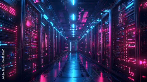 technological background on servers in data center, futuristic design. Server room represented by several server racks with strong dramatic light. 