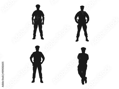 Sketch drawing vector silhouette set of male cop in different poses. beautiful Police officer with handcuffs. black and white vector. Silhouette of a Police officer isolated on a white background.