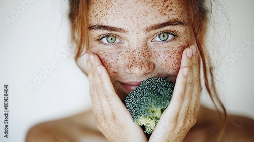 Freckled woman holding broccoli against her face in natural light photo