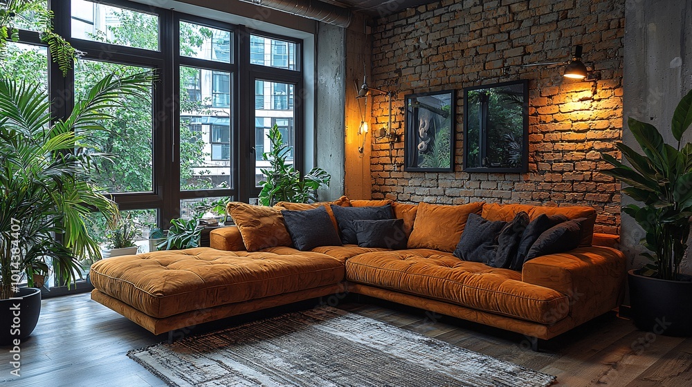 Fototapeta premium Cozy Industrial Loft Living Room with Plants