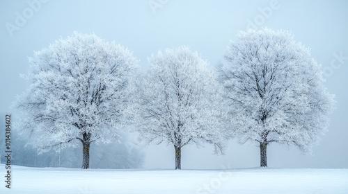 Three bare trees covered in frost stand in a snowy field with a foggy, pale blue sky.