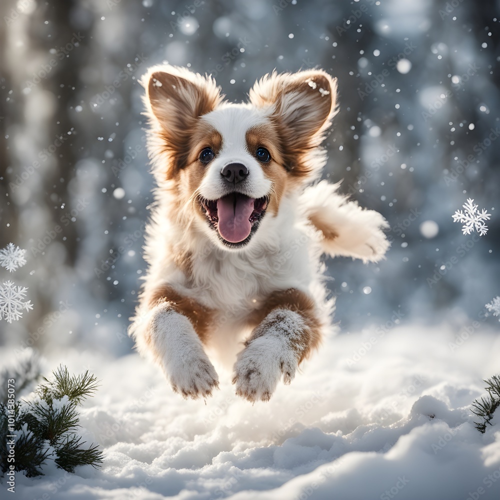 Happy puppy jumping in snowy winter scene Happy puppy jumping in snowy winter scene