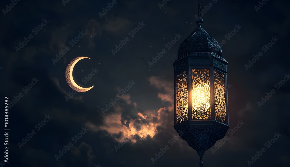 A crescent moon shines in the night sky alongside a traditional ornate lantern with a glowing light inside. A crescent moon shines in the night sky alongside a traditional ornate lantern with a glowing light inside.