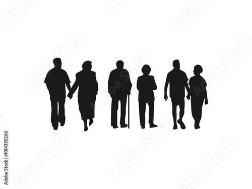 Senior couple walking together silhouette.