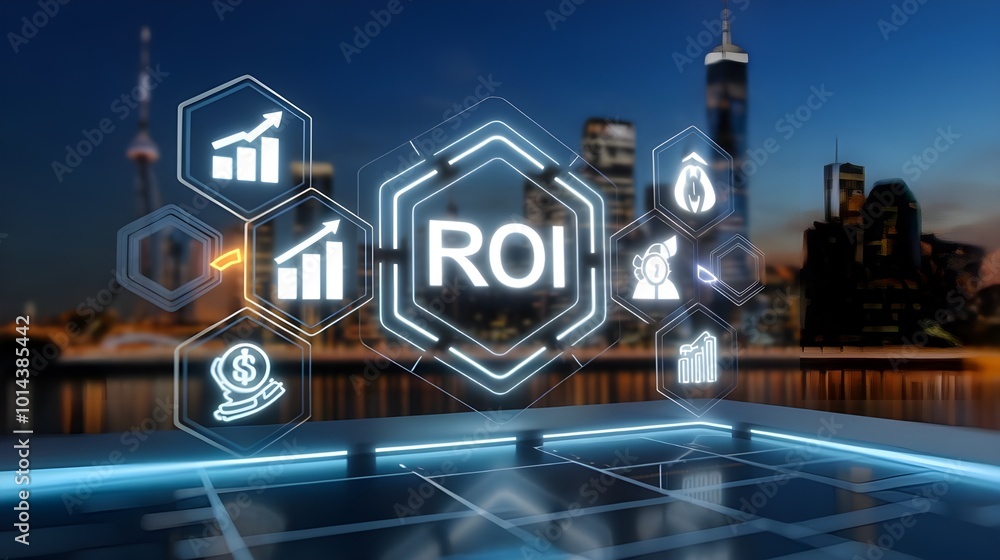 Touch screen displaying the concept of ROI (Return on Investment) with various financial icons, business concepts, business technology, ROI calculation Touch screen displaying the concept of ROI (Return on Investment) with various financial icons, business concepts, business technology, ROI calculation