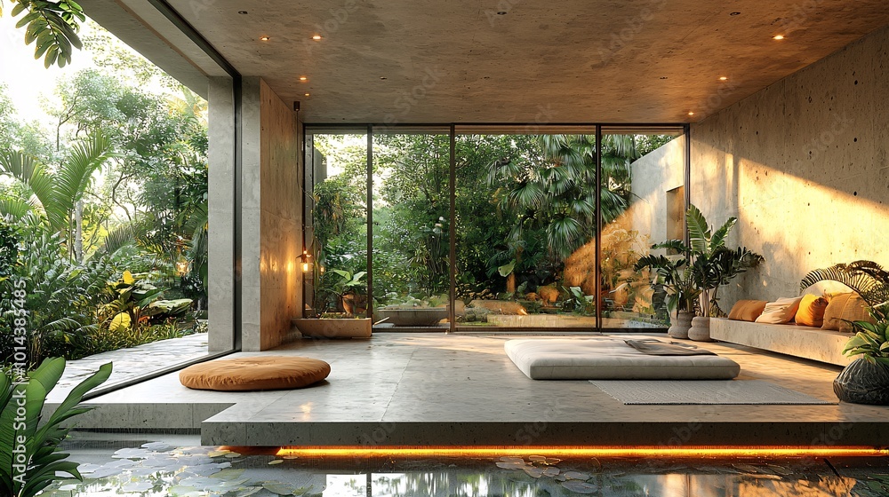 Fototapeta premium Modern Concrete Room with Wide Glass Wall