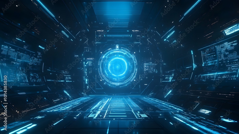 Fototapeta premium abstract futuristic background of blue glowing technology sci fi frame hud ui. 