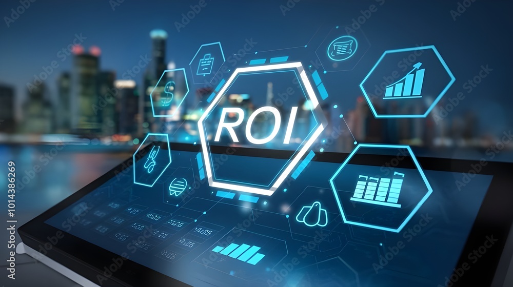Touch screen displaying the concept of ROI (Return on Investment) with various financial icons, business concepts, business technology, ROI calculation Touch screen displaying the concept of ROI (Return on Investment) with various financial icons, business concepts, business technology, ROI calculation