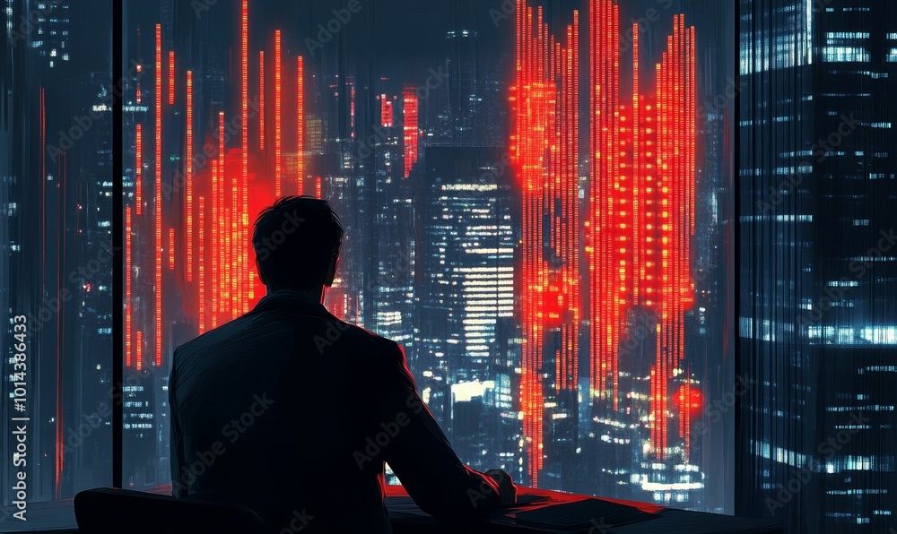 Silhouette person looking out window at neon city.