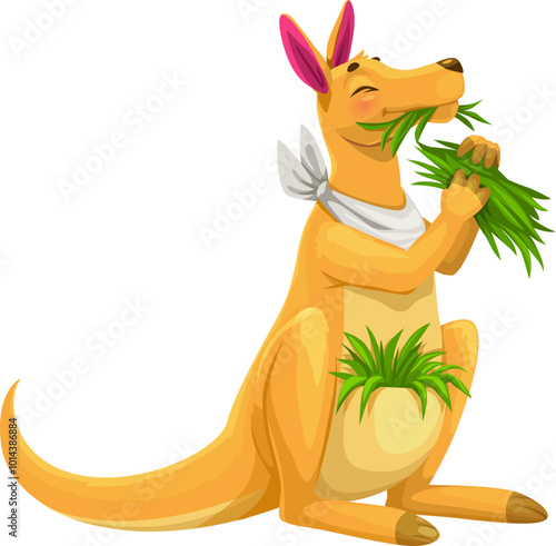 Cartoon funny kangaroo animal character munching on grass with a playful expression. Isolated vector wallaby or wallaroo personage with a bib enjoying tasty meal capturing carefree Australian vibe