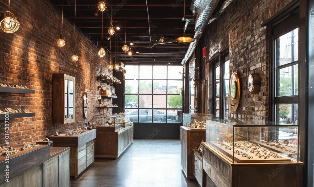 Industrial-chic jewelry store with brick walls and glass displays. Industrial-chic jewelry store with brick walls and glass displays.