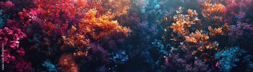 Close-up drone shot of an ethereal forest, vibrant flora intertwining with futuristic conservation tech, surreal colors blend harmoniously Close-up drone shot of an ethereal forest, vibrant flora intertwining with futuristic conservation tech, surreal colors blend harmoniously