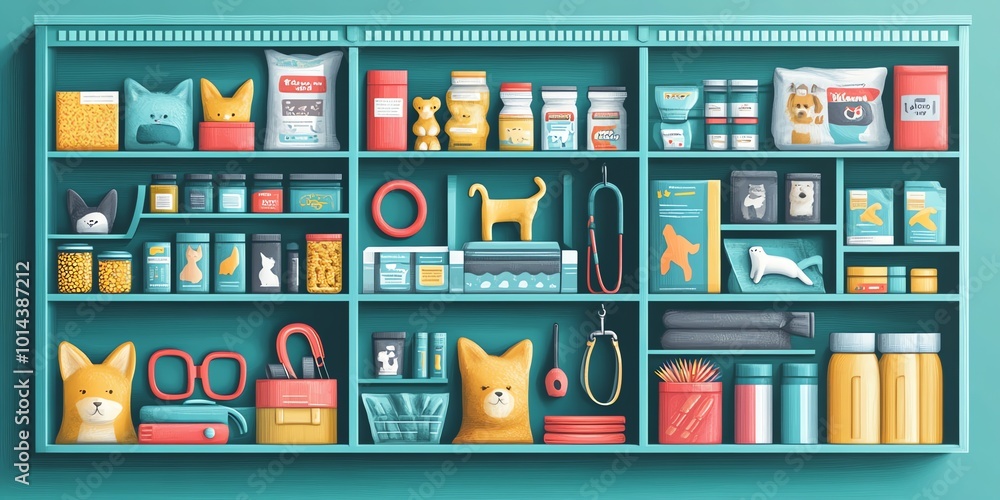A turquoise shelf with a variety of pet supplies, including food, toys, and grooming items. A turquoise shelf with a variety of pet supplies, including food, toys, and grooming items.
