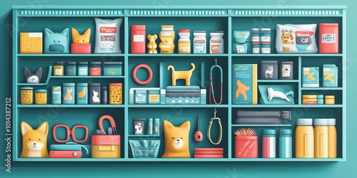 A turquoise shelf with a variety of pet supplies, including food, toys, and grooming items.