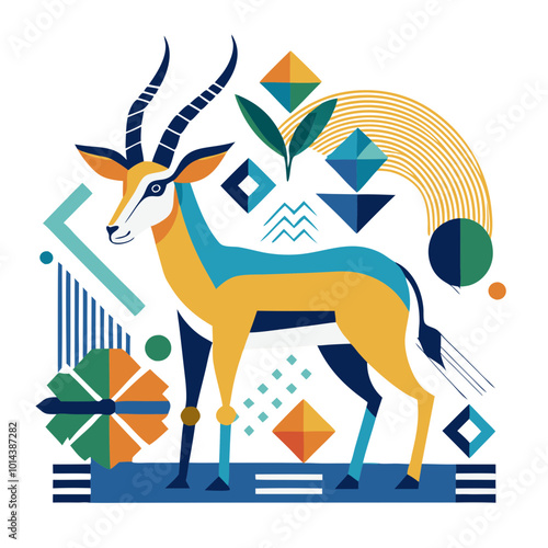 Geometric Springbok: A vibrant, stylized illustration of a springbok antelope, integrated with bold geometric shapes and patterns in a contemporary art style.  