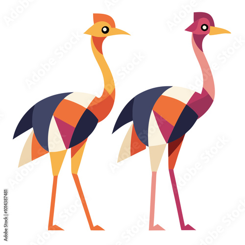 Geometric Ostriches: A vibrant pair of stylized ostriches in contrasting color palettes, showcasing a bold geometric design. Perfect for adding a touch of modern art to your projects.  photo